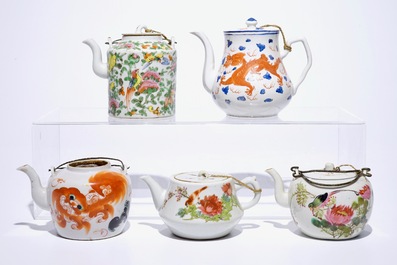 Five Chinese famille rose, iron red and qianjiang cai teapots, 19/20th C.