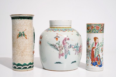 A Chinese famille rose ginger jar, a Canton rose brushpot and a relief-decorated dragon vase, 19th C.