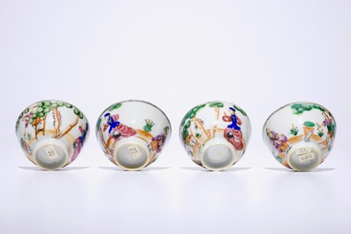 Four sets of Chinese famille rose cherrypickers cups and saucers, Qianlong