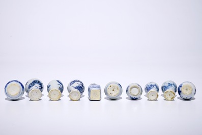 Ten Chinese blue and white miniature dolls house vases, mostly Kangxi