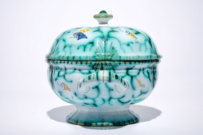 A Brussels faience tureen and cover on stand with butterflies and caterpillars, 18th C.