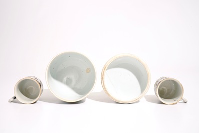 A pair of Chinese grisaille, gilt and iron red cups and saucers and a covered bowl, Qianlong