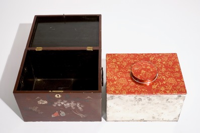 Two Japanese lacquer and mother of pearl boxes and a teapot, Meiji, 19/20th C.