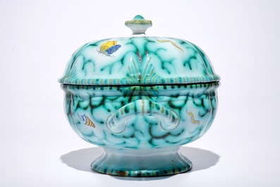 A Brussels faience tureen and cover on stand with butterflies and caterpillars, 18th C.