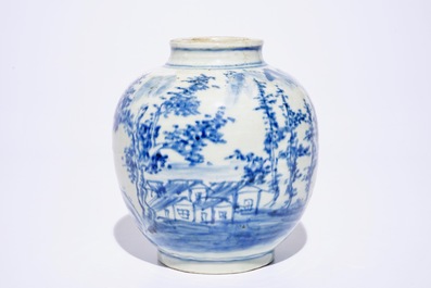 Two Chinese blue and white plates with an eagle and buddhist lions and a landscape jar, 19/20th C.