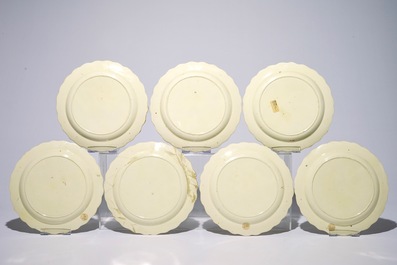 Een complete reeks van zeven in Nederland beschilderde creamware &quot;Sacramenten&quot; borden, 18e eeuw