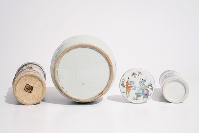 A Chinese famille rose ginger jar, a Canton rose brushpot and a relief-decorated dragon vase, 19th C.