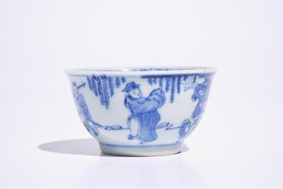 Six blue and white Chinese cups and saucers, Kangxi/Yongzheng