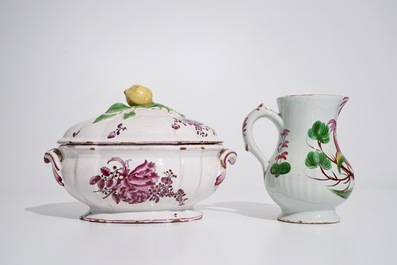 A group of French &quot;faience de l'Est&quot; wares, incl. a tureen, a jug and three plates, 18/19th C.