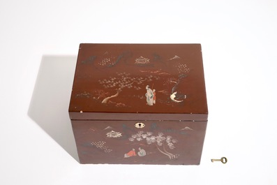 Two Japanese lacquer and mother of pearl boxes and a teapot, Meiji, 19/20th C.