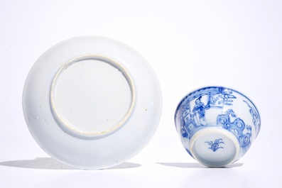 Six blue and white Chinese cups and saucers, Kangxi/Yongzheng