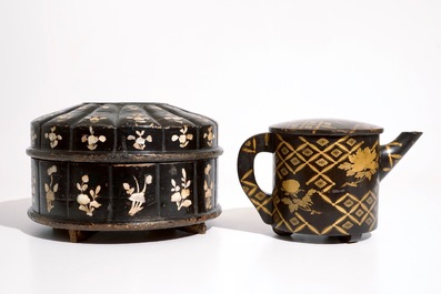 Two Japanese lacquer and mother of pearl boxes and a teapot, Meiji, 19/20th C.