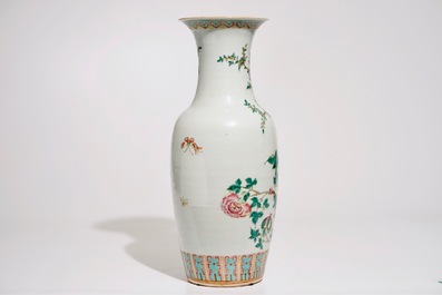 A Chinese famille rose vase with birds among peonies, 19th C.