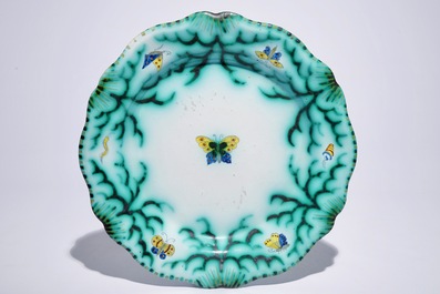 A Brussels faience tureen and cover on stand with butterflies and caterpillars, 18th C.