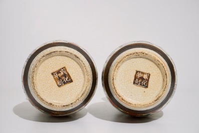 A pair of Chinese famille rose Nanking crackle glaze warrior vases, 19th C.