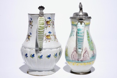 Two polychrome pewter-mounted faience jugs, North of France and Austria, 18th C.