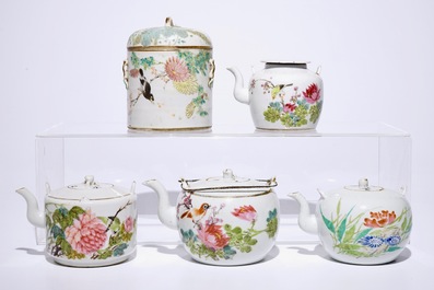 A Chinese qianjiang cai cylindrical box and cover and four teapots, 19/20th C