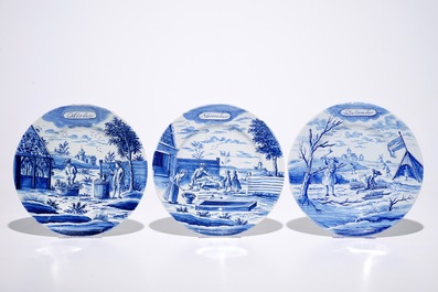 A complete series of twelve Dutch Delft blue and white month plates, Makkum, late 19th C.