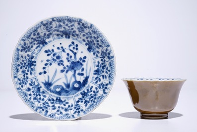 Six Chinese blue and white on capucin brown ground cups and saucers, Kangxi