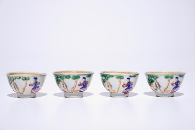 Four sets of Chinese famille rose cherrypickers cups and saucers, Qianlong