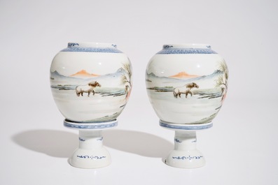 A pair of Chinese famille rose eggshell lanterns on stands, Republic, 20th C.
