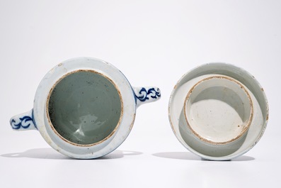 A Dutch Delft blue and white butter tub and cover and a small fluted plate, 18th C.