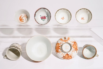 A varied lot of Chinese famille rose and iron red cups and saucers, 18/19th C.