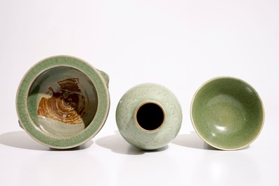A Chinese Longquan celadon tripod censer, an underglaze-decorated vase and a bowl, Ming and later