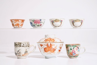 A varied lot of Chinese famille rose and iron red cups and saucers, 18/19th C.