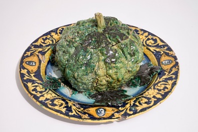 A polychrome trompe l'oeil cabbage-shaped tureen on stand, Italy, 18/19th C.