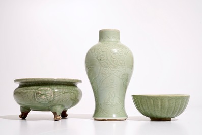 A Chinese Longquan celadon tripod censer, an underglaze-decorated vase and a bowl, Ming and later