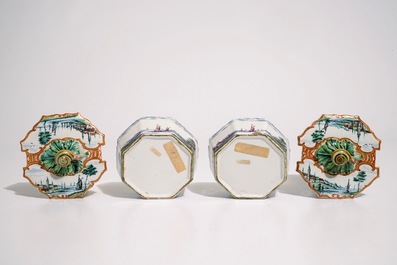 A fine pair of Dutch Delft polychrome petit feu butter tubs with snail-shaped finials, 18th C.