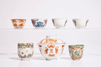 A varied lot of Chinese famille rose and iron red cups and saucers, 18/19th C.