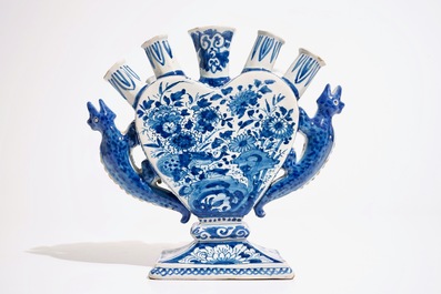 A large Dutch Delft blue and white heart-shaped tulip vase with lizard handles, 18th C.