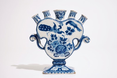 A Dutch Delft blue and white heart-shaped tulip vase, 18th C.
