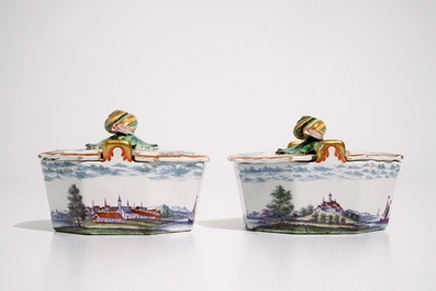 A fine pair of Dutch Delft polychrome petit feu butter tubs with snail-shaped finials, 18th C.