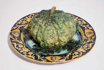 A polychrome trompe l'oeil cabbage-shaped tureen on stand, Italy, 18/19th C.