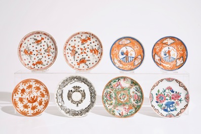 A varied lot of Chinese famille rose and iron red cups and saucers, 18/19th C.