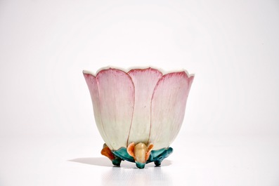 A large Chinese famille rose lotus-shaped cup on stand, Yongzheng