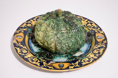 A polychrome trompe l'oeil cabbage-shaped tureen on stand, Italy, 18/19th C.