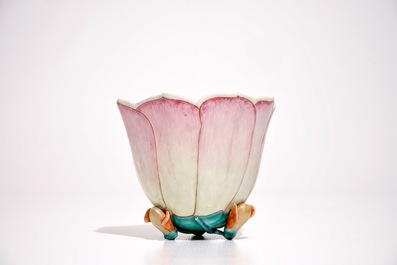 A large Chinese famille rose lotus-shaped cup on stand, Yongzheng