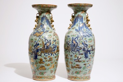 A pair of Chinese Canton famille rose on celadon ground vases, 19th C.