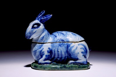 A small polychrome Dutch Delft tureen in the shape of a hare, 18th C.