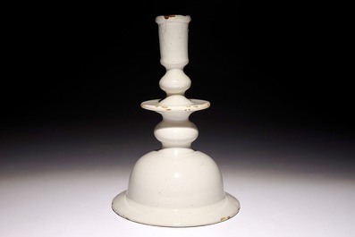 A rare large white Dutch Delft candlestick, 17th C.