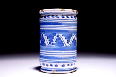 A Dutch Delft blue and white albarello with ornamental design, 17th C.