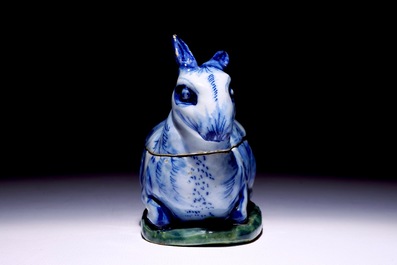 A small polychrome Dutch Delft tureen in the shape of a hare, 18th C.