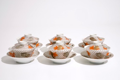 Six Japanese eggshell covered cups and saucers with carps, Meiji, 19th C.