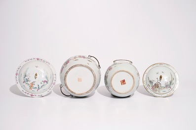 Deux bols et deux pots couverts en porcelaine de Chine famille rose, 19&egrave;me