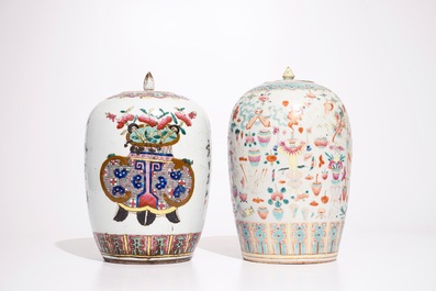 Two Chinese famille rose covered bowls and two ginger jars, 19th C.
