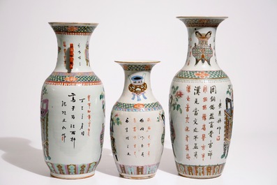 Three Chinese famille rose and verte vases with incense burners and jardinieres, 19th C.